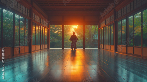 Warrior Greeting the Sunrise in a Traditional Hall