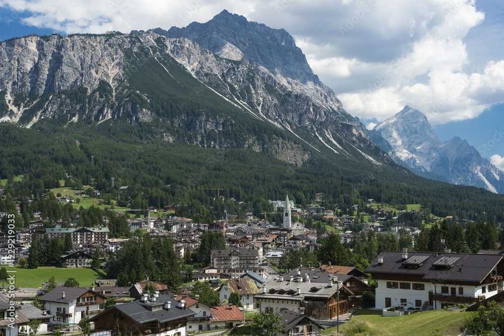 View towards Cortina d'Ampezzo, Cristallo range behind, Ampezzo Dolomites, Alps, Venice, Veneto, Italy, Europe View towards Cortina d'Ampezzo, Cristallo range behind, Ampezzo Dolomites, Alps, Venice, Veneto, Italy, Europe