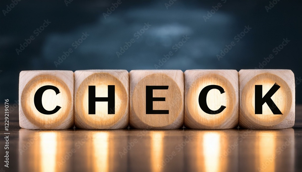 Obraz premium 確認チェックを意味する英単語のCHECKの文字が書かれた木製のキューブブロック。AIで生成 