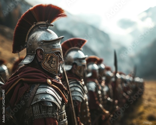 Obraz na płótnie Fictional film scene, Roman legionaries, soldiers with heavy, iron armour in a forest, Centurion, AI generated, AI generated w salonie