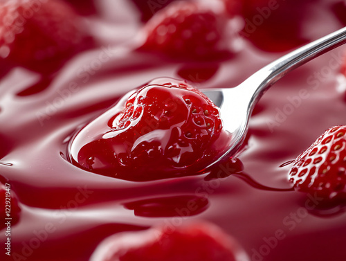 Fototapeta Naklejka Na Ścianę i Meble -  Strawberry Jam Spoon: A close-up shot showcasing a spoon lifting a glistening spoonful of vibrant strawberry jam, surrounded by plump, juicy strawberries.