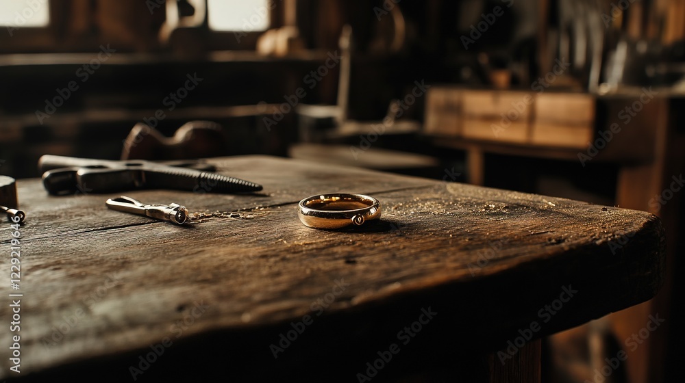 Obraz premium Golden ring on a wooden table with tools in a workshop.