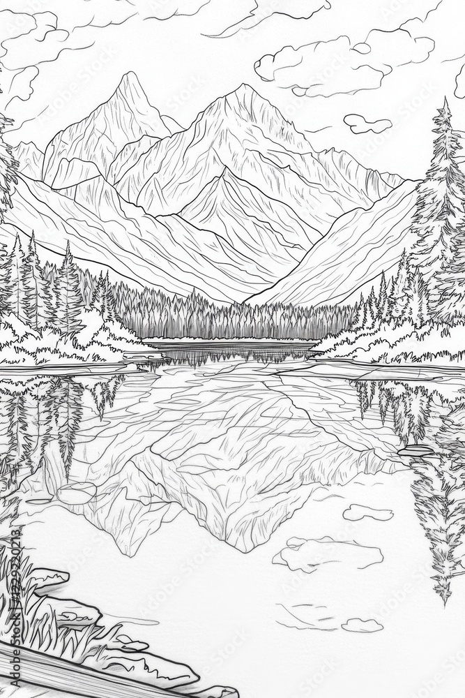 Fototapeta premium Majestic Mountain Lake Landscape Drawing . Children coloring page