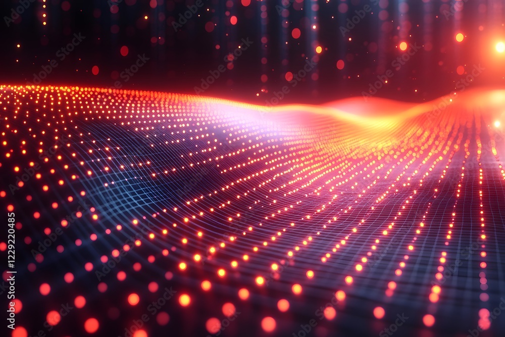 Obraz premium Futuristic Digital Landscape with Glowing Grid and Dynamic Light Particles for Technology Design
