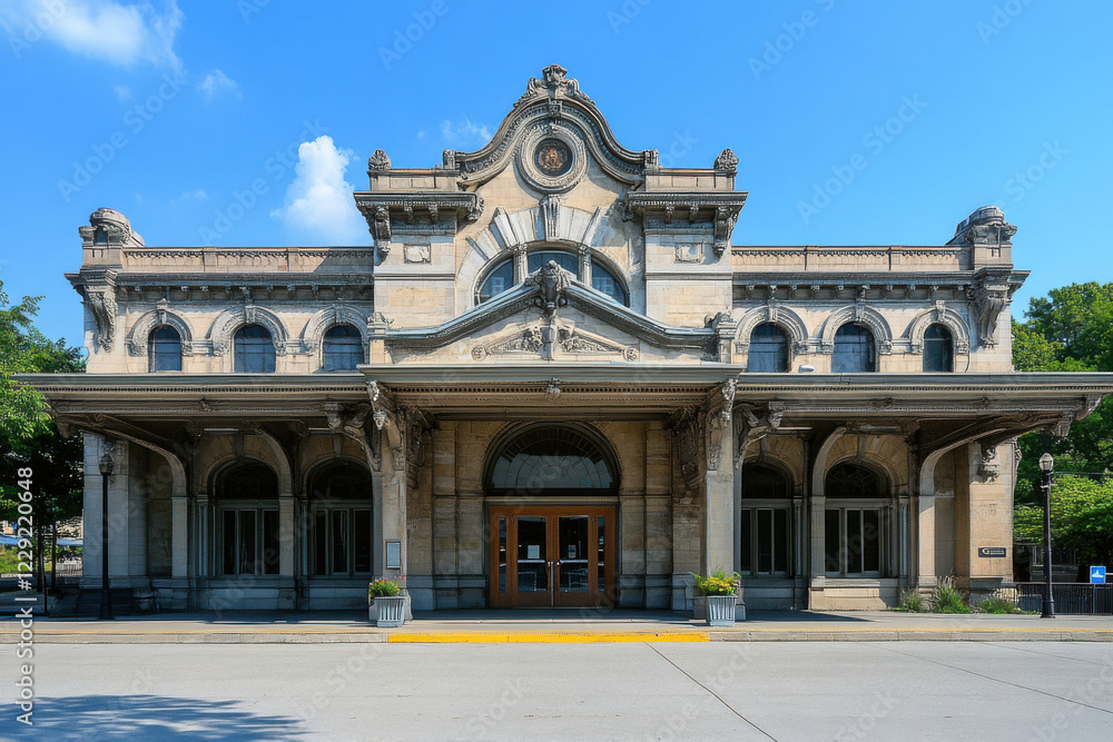Fototapeta premium Historic train station with a grand entrance, representing classic architecture