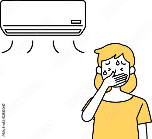エアコンで気分が悪くなる女性のベクターイラスト 臭い 冷房病 クーラー病 吐き気 嘔吐 