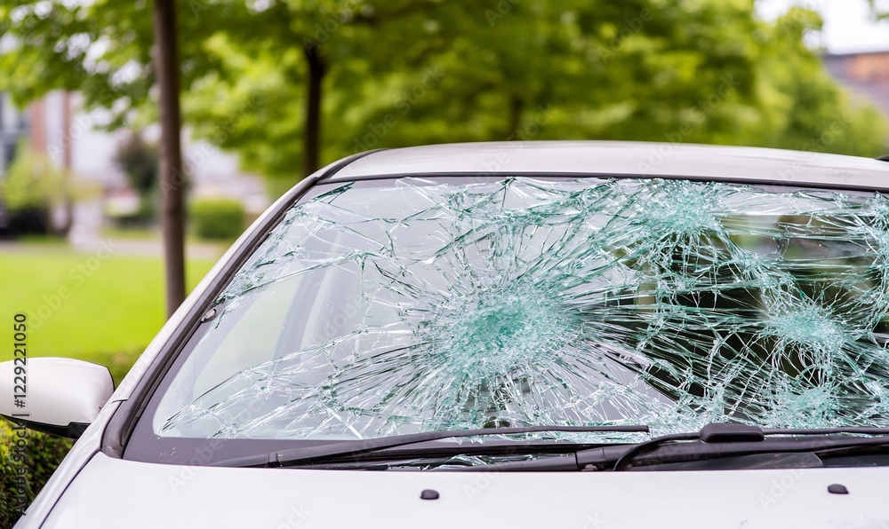 Fototapeta premium Shattered windshield, car damage, roadside, green background, insurance claim