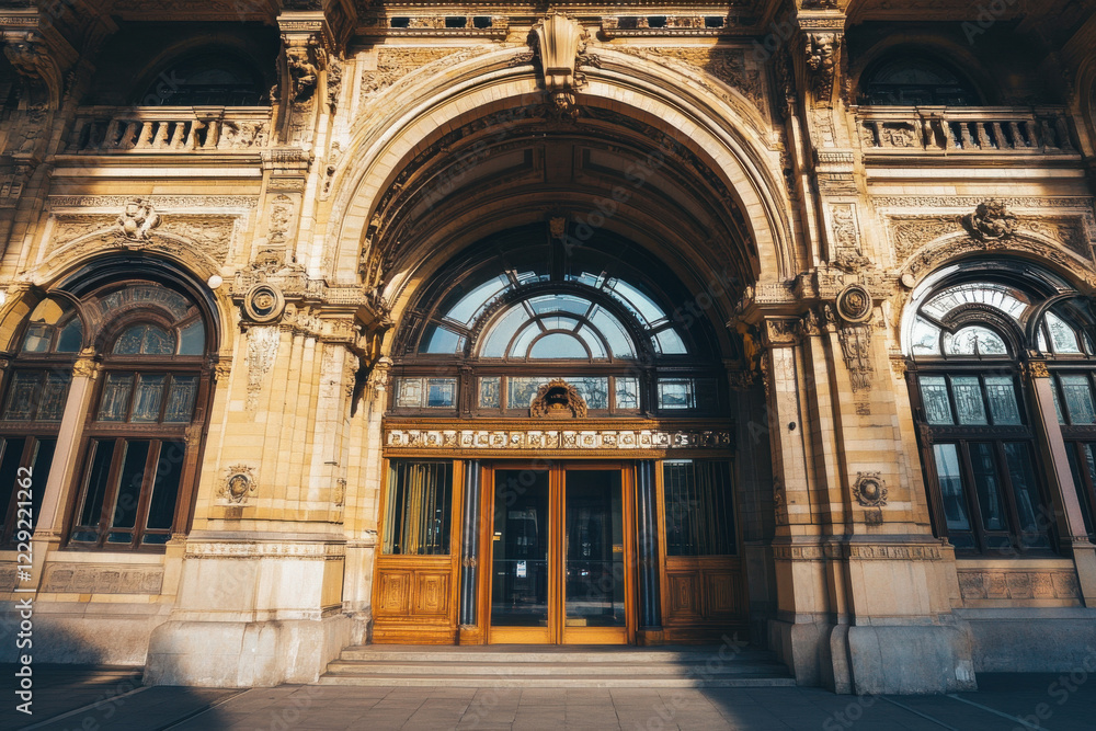 Fototapeta premium Historic train station with a grand entrance, representing classic architecture