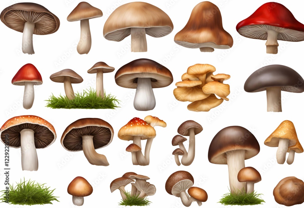 Illustration of a set of mushrooms isolated on white with various types including boletus and toadstools, showcasing their natural, edible, and organic features Illustration of a set of mushrooms isolated on white with various types including boletus and toadstools, showcasing their natural, edible, and organic features