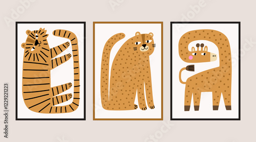 Childish portrait leopard and tiger in flat simple style. Cute, Funny Leopard. Vector poster - Flat vector cartoon illustration