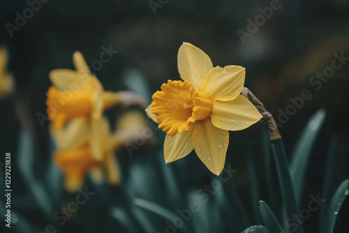 Yellow daffodils blooming in a garden, heralding the arrival of spring photo