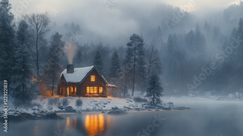 Cozy Cabin by a Snowy Lake photo