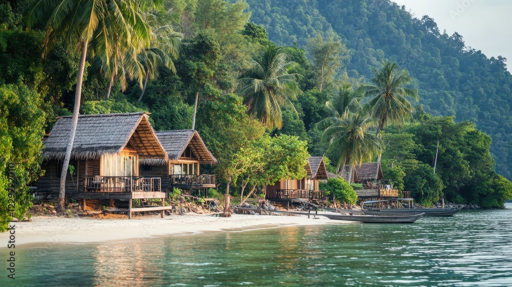 cozy island cove, with secluded beaches and a few wooden huts scattered along the shoreline, offering a peaceful retreat. cozy island cove, with secluded beaches and a few wooden huts scattered along the shoreline, offering a peaceful retreat.