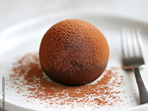 Photorealistic close-up of a Tartufo dessert with chocolate filling on a white plate.