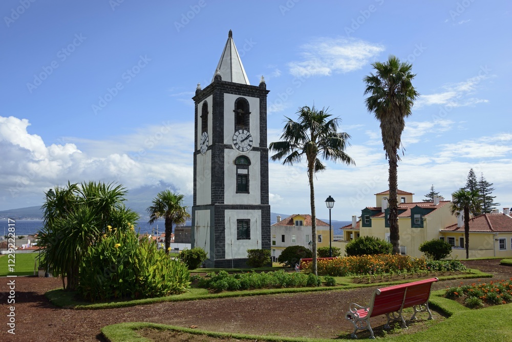 Fototapeta premium Clock tower Torre do Relogio, Jardim de Florecio Terra park, Horta, Faial, Azores, Portugal, Europe