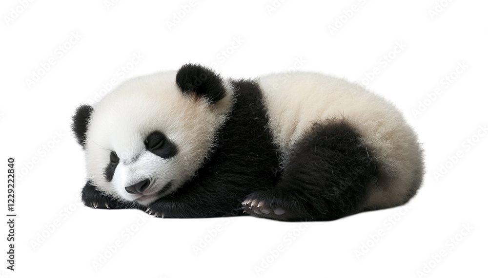 Fototapeta premium Adorable Sleeping Panda Cub On Black Background