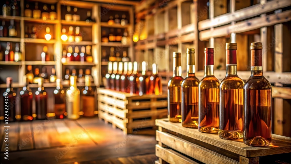 Soft focus abstract blur of wine bottles on liquor shelves with amber liquid and wooden crates in a dimly lit room, shelves, wooden crate Soft focus abstract blur of wine bottles on liquor shelves with amber liquid and wooden crates in a dimly lit room, shelves, wooden crate