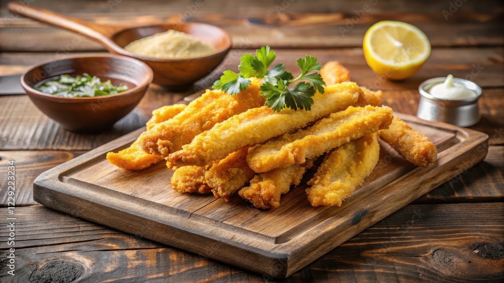 Organic crispy fish strips in batter with a golden finish on a rustic wooden cutting board, appetizer, seafood Organic crispy fish strips in batter with a golden finish on a rustic wooden cutting board, appetizer, seafood