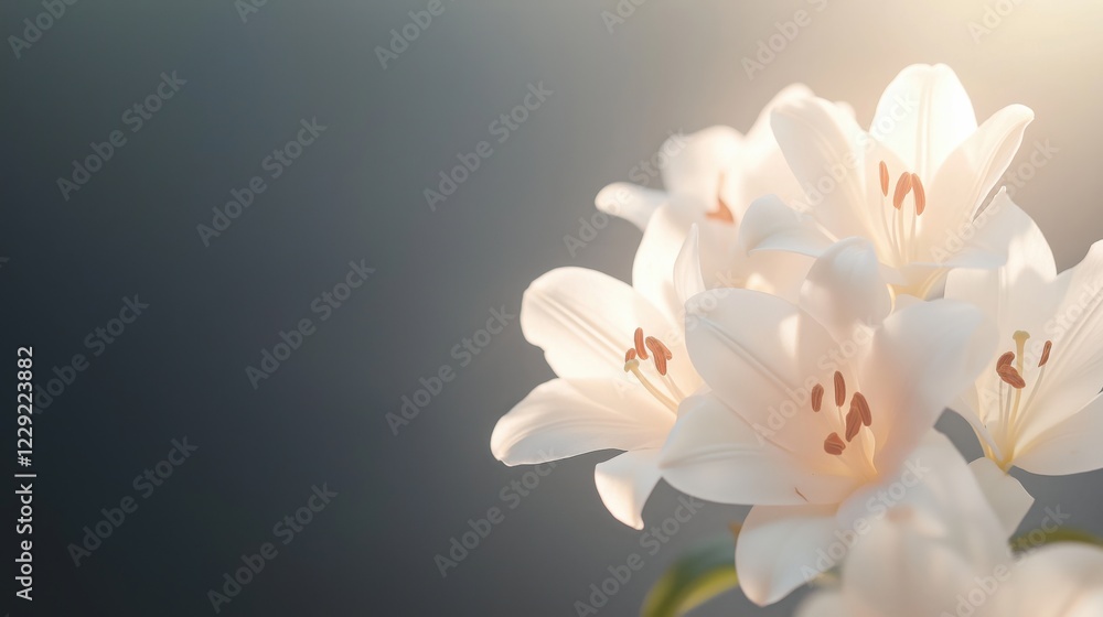 Beautiful white lilies bloom softly in gentle sunlight with a serene background creating a tranquil atmosphere. Beautiful white lilies bloom softly in gentle sunlight with a serene background creating a tranquil atmosphere.