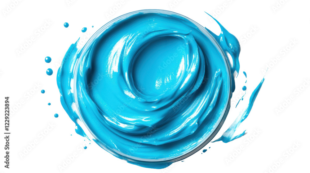 Light blue paint swirling in a transparent container with brushstrokes and splashes. Transparent background
