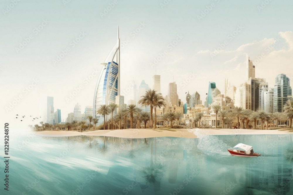 Obraz premium Photo collage, tourism in a cosmopolitan city, Dubai, skyline, Burj Al Arab, illustration, AI generated