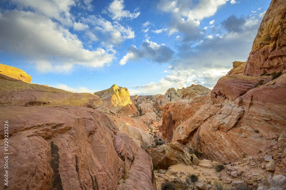 Fototapeta premium Colorful, Red Orange Rock Formations, Sandstone Rock, Hiking Trail, White Dome Trail, Valley of Fire State Park, Mojave Desert, Nevada, USA, North America