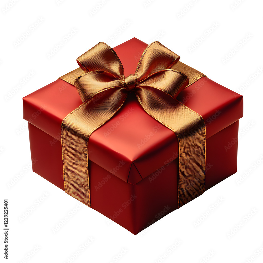 Obraz premium Red gift Box with golden Ribbon isolated on transparent white background, pen tool, clipping path.