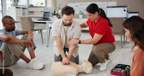 Принти на полотні First aid, learning cpr and people with mannequin for safety compliance, health or chest compression for breathing
