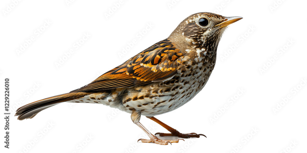 Fototapeta premium Small brown and white bird with a black beak is standing on transparent background