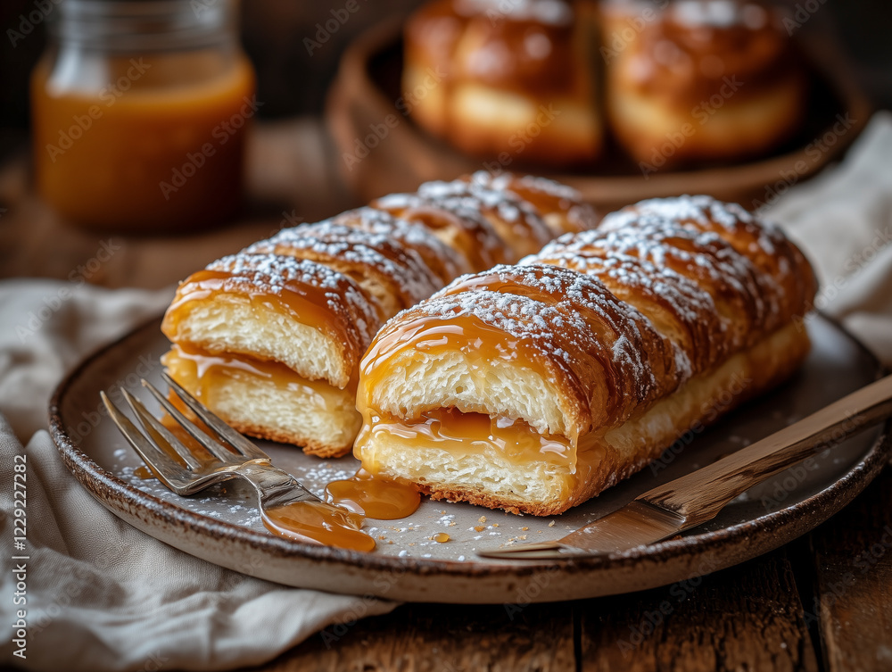 Caramel éclair cut into slices, placed on matte ceramic under rustic natural morning Caramel éclair cut into slices, placed on matte ceramic under rustic natural morning