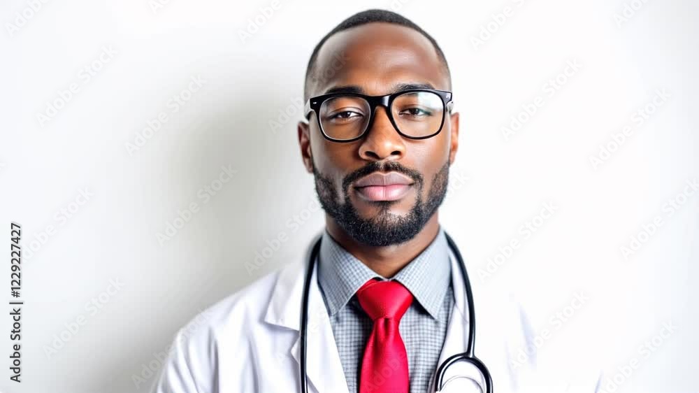 Black male doctor wearing a white lab coat with a stethoscope around his neck standing against a plain white background Black male doctor wearing a white lab coat with a stethoscope around his neck standing against a plain white background
