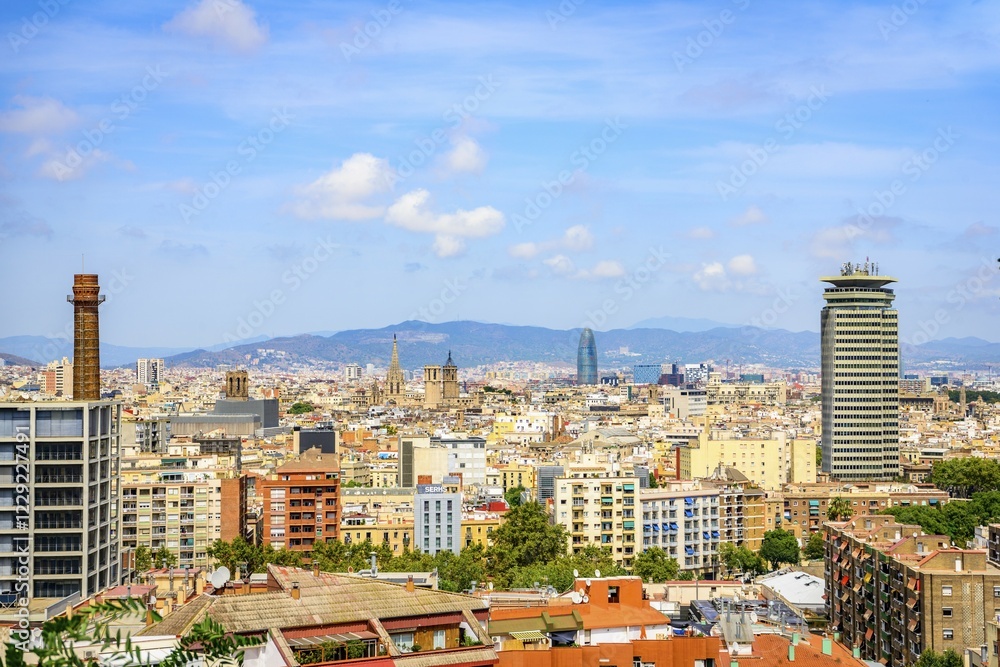 Naklejka premium City view, seen from Castell de Montjuïc, Castle Montjuïc, Barcelona, Catalonia, Spain, Europe