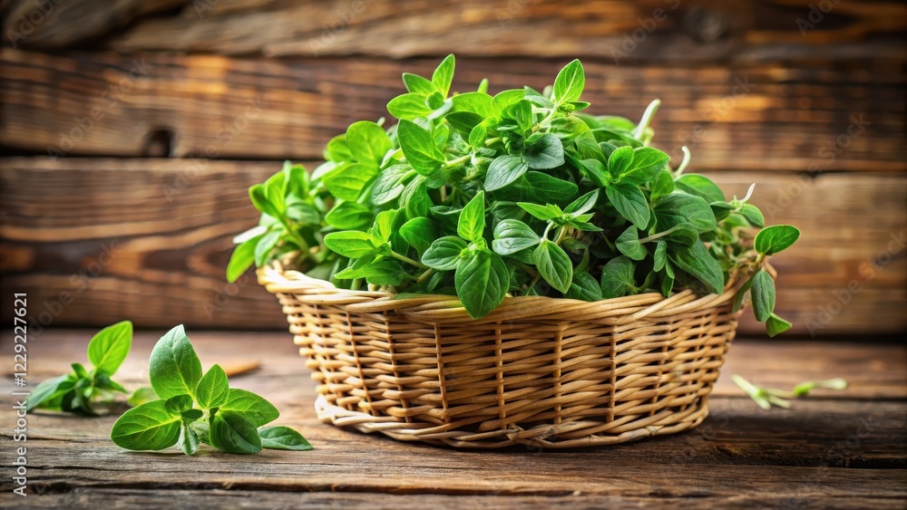 Naklejka premium Fresh oregano leaves piled in a wooden basket with natural wood tones and a rustic feel , food, kitchen, food, kitchen
