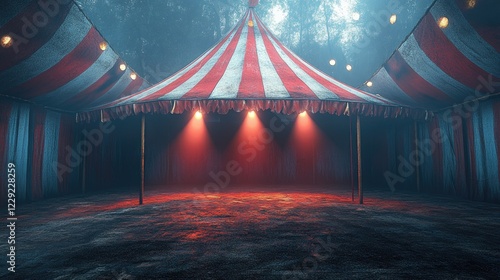 Mysterious abandoned circus tent in foggy forest with red lights