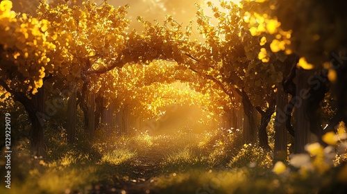 Autumn morning in the forest with sunlight on water and colorful leaves along a peaceful path