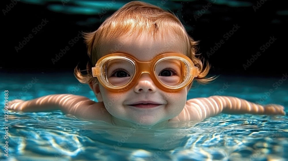 Naklejka premium Smiling caucasian baby swimming underwater with goggles