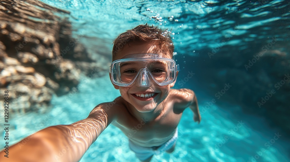Naklejka premium Young caucasian boy snorkeling underwater in clear blue ocean