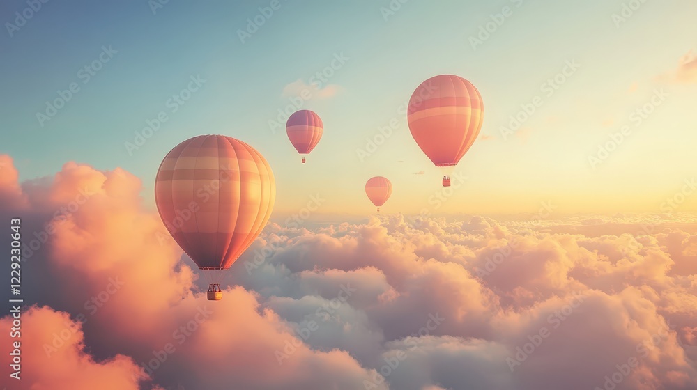 Fototapeta dreamy image of balloons floating serenely in the air, surrounded by soft clouds and the bright morning sky.