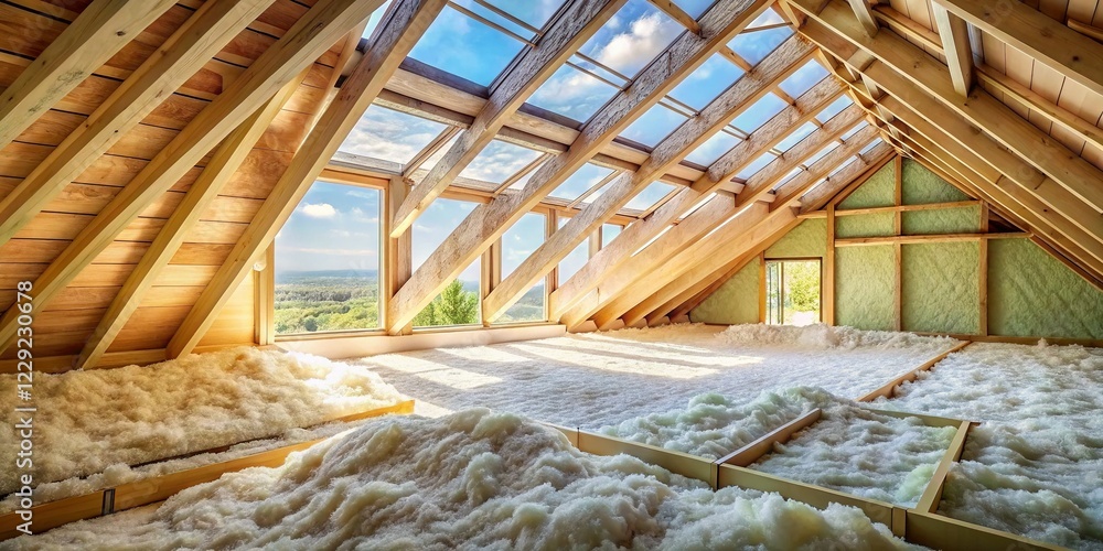 Eco-Friendly Attic Insulation: Aerial View of Cellulose Fiber Installation Eco-Friendly Attic Insulation: Aerial View of Cellulose Fiber Installation