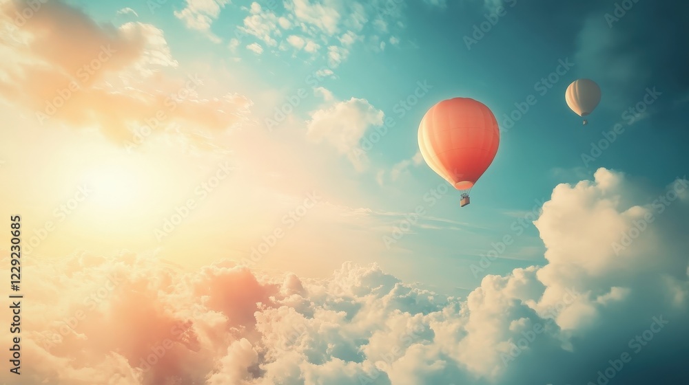 Fototapeta premium dreamy image of balloons floating serenely in the air, surrounded by soft clouds and the bright morning sky.