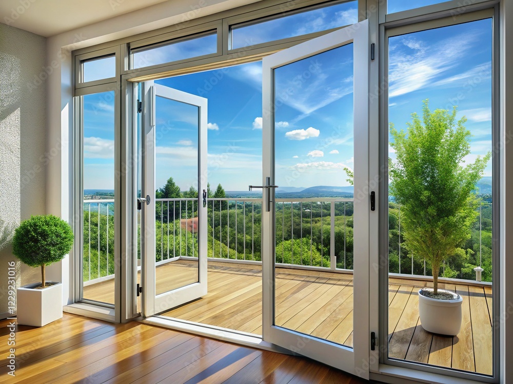 Obraz premium Energy-Efficient Aluminum French Balcony Doors: Close-up View of Open & Closed Frames