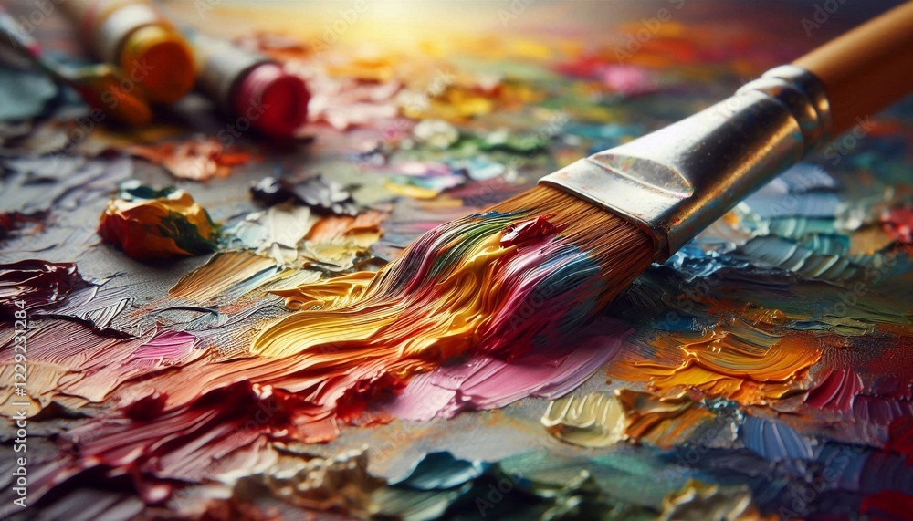 Obraz premium Close up of brush and oil painting