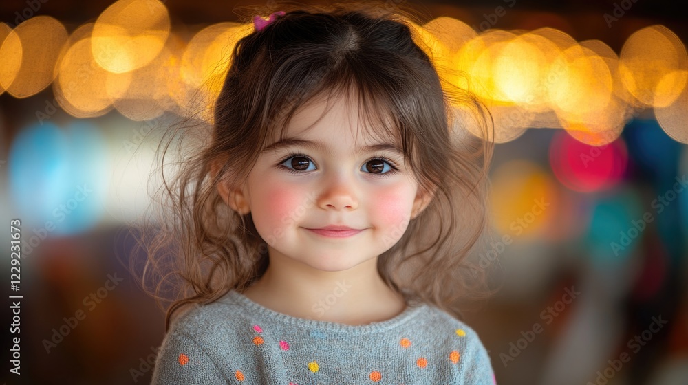 Smiling young caucasian girl with twinkling lights background Smiling young caucasian girl with twinkling lights background