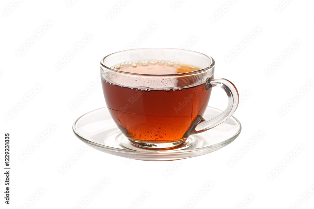 A glass teacup filled with foaming tea, resting on a smooth glass saucer, exuding a cozy and refreshing vibe, isolated on a transparent background A glass teacup filled with foaming tea, resting on a smooth glass saucer, exuding a cozy and refreshing vibe, isolated on a transparent background