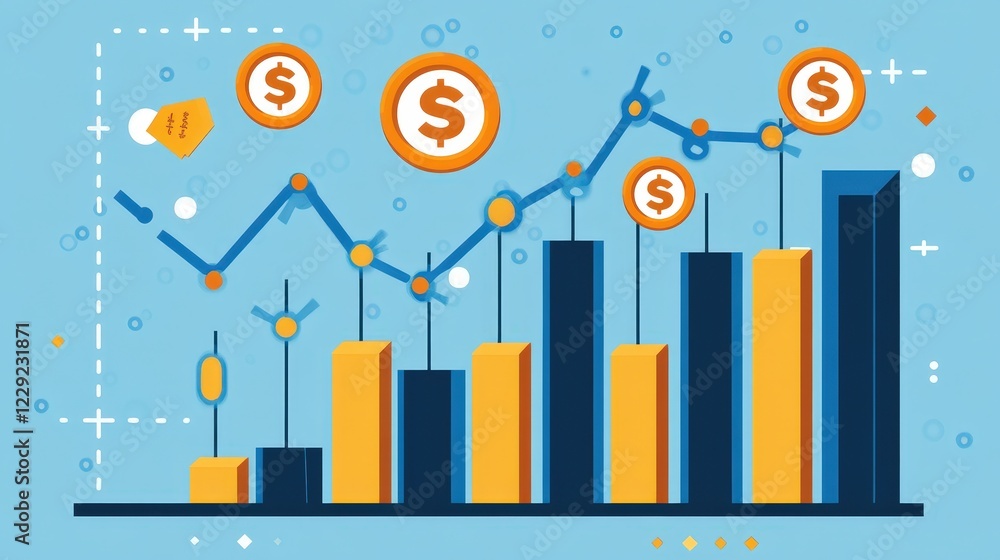 dynamic business chart showing growth, with dollar signs representing financial success and a line graph highlighting investment profits over time, dynamic business chart showing growth, with dollar signs representing financial success and a line graph highlighting investment profits over time,