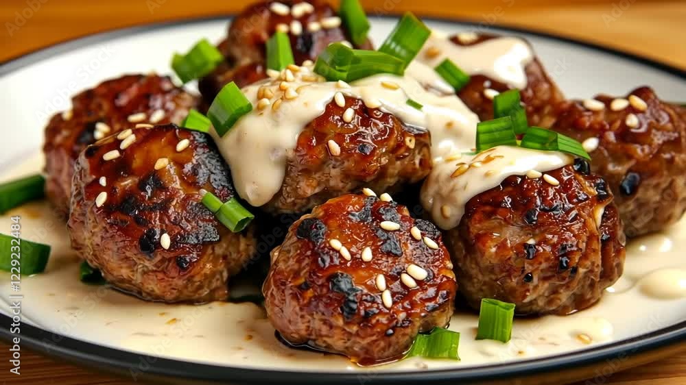 Delicious juicy meatballs with creamy sauce green onions garnished with sesame seeds Delicious juicy meatballs with creamy sauce green onions garnished with sesame seeds