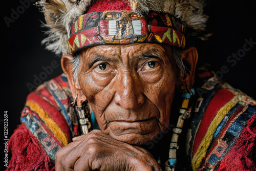 Portrait of a Bolivian Tinku dancer in traditional costume, Bolivia photo