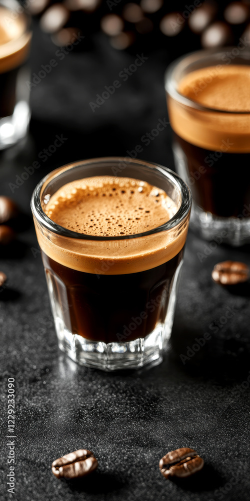 Rich espresso shots with golden crema in clear glasses on dark textured table Rich espresso shots with golden crema in clear glasses on dark textured table