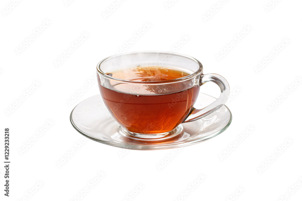 A transparent glass teacup on a matching saucer, showcasing steaming, amber-colored tea with gentle ripples, isolated on a transparent background A transparent glass teacup on a matching saucer, showcasing steaming, amber-colored tea with gentle ripples, isolated on a transparent background