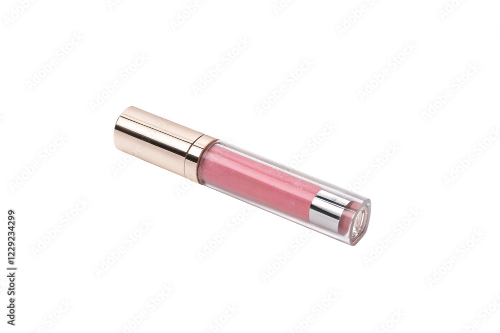 Glossy pink lip gloss in clear tube. Minimalistic, elegant packaging focuses on a shimmering cosmetic product designed for refined, everyday use, isolated on a transparent background Glossy pink lip gloss in clear tube. Minimalistic, elegant packaging focuses on a shimmering cosmetic product designed for refined, everyday use, isolated on a transparent background